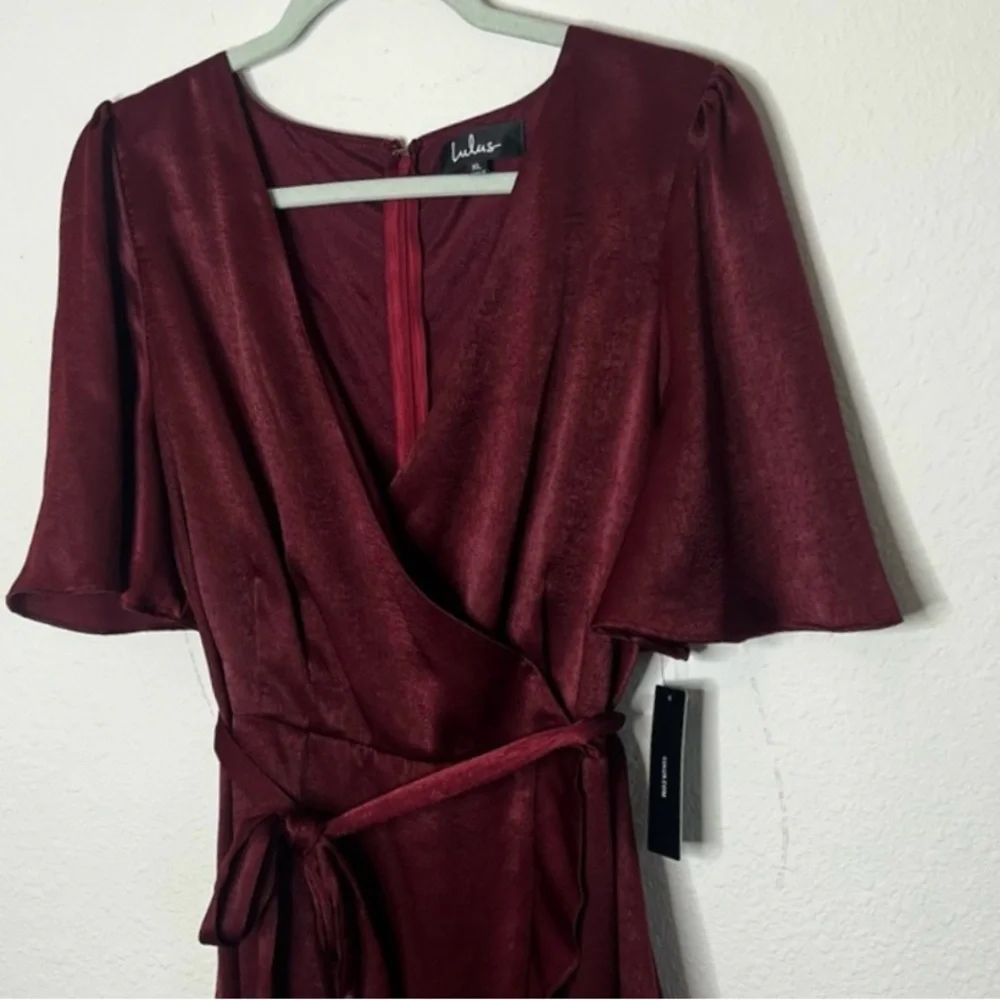 NWT Lulus Burgundy Satin Faux-Wrap Midi Dress - Picture 5 of 10